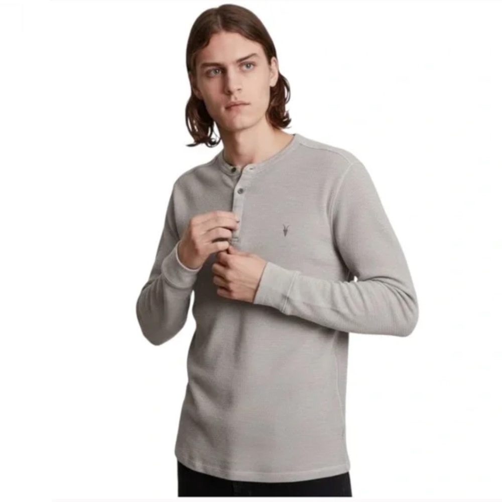 AllSaints Muse Long Sleeve Henley Shirt Light Gray Slub Knit Cotton Men’s in XXL